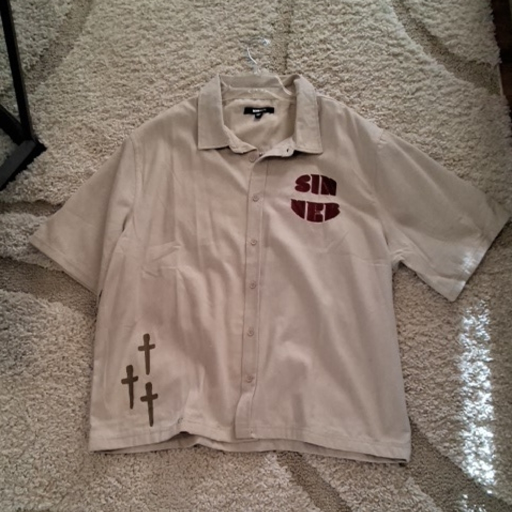 Fashion Nova Beige Short-Sleeve Button-Up Shirt with Maroon Chest Graphic